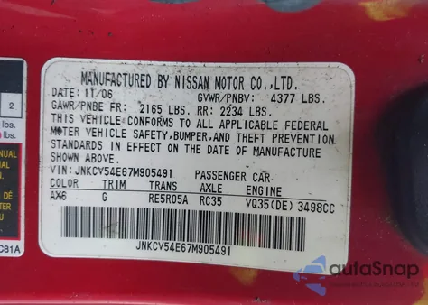 2007 Infiniti G35 z USA, uszkodzony, nr VIN JNKCV54E67M905491